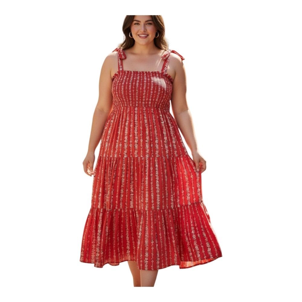 Lauren Conrad 2X Sun Dress Smocked Tiered Coral Red Vertical Floral Cotton XXL